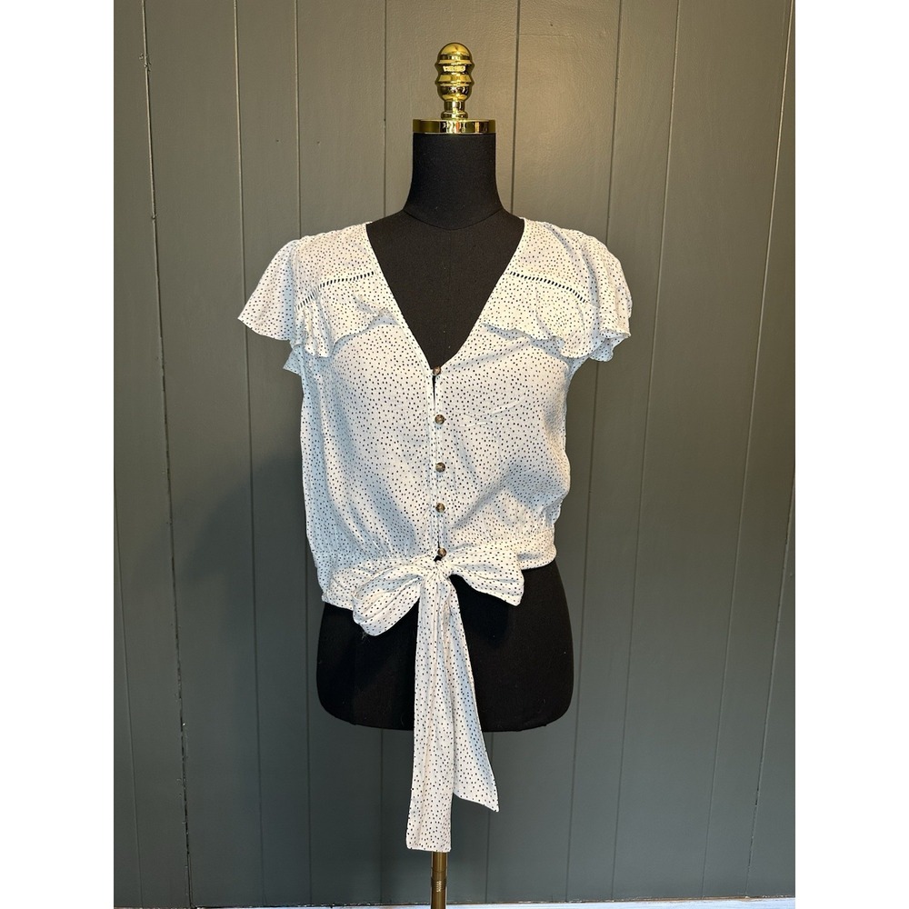 NWT Express White Black Polka Dot Blouse Cropped Tie Front Flutter Sleeve XS